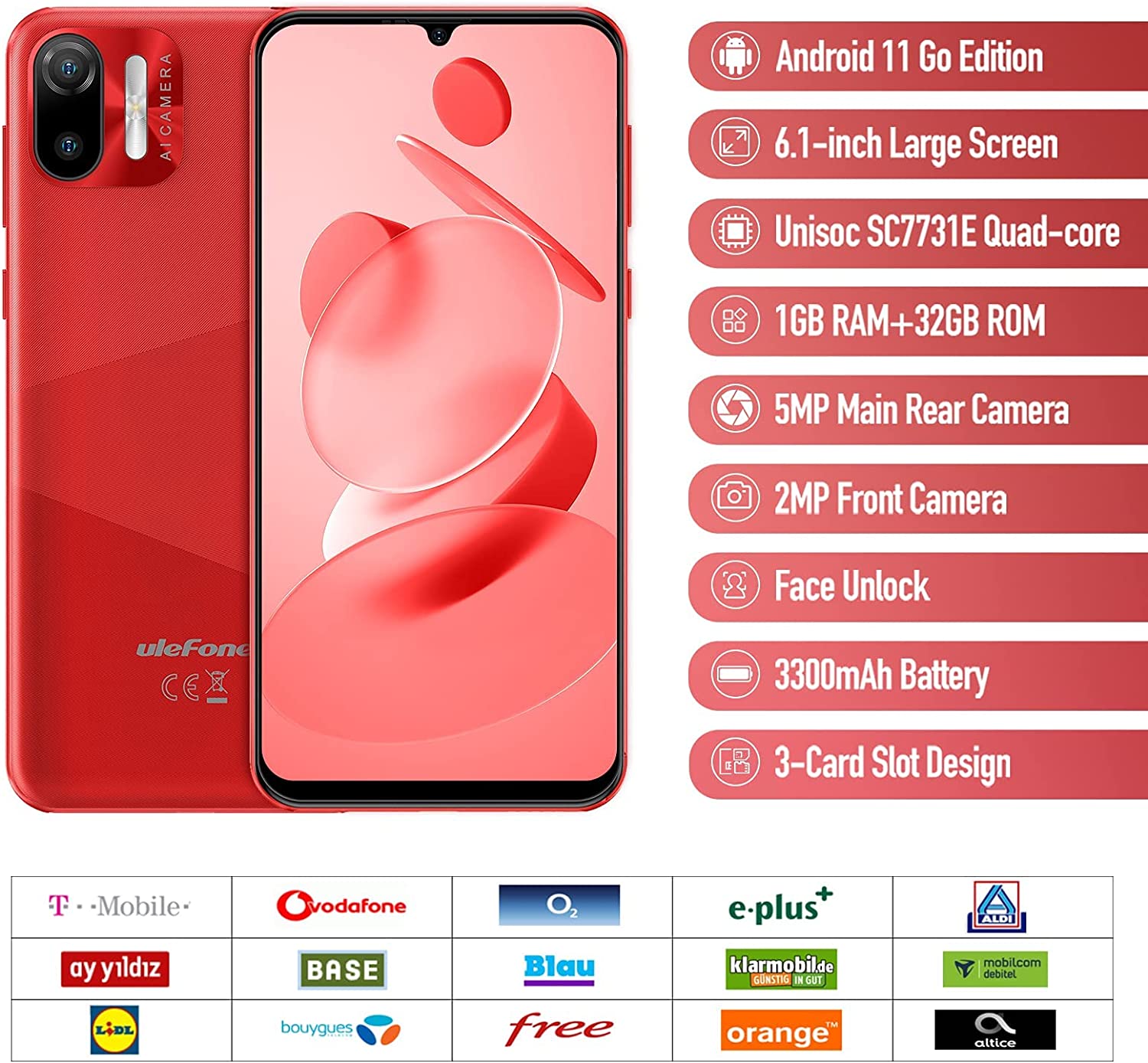 Ulefone Unlocked Cell Phones, Note 6 Android 11 Unlocked Smartphones, Ultra-Slim Lightweight, Triple Card Slots, 6.1" Waterdrop Full-Screen Dual SIM Phones, 3300mAh, Face Unlock, US Version - Black - Image 9